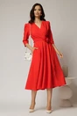 Rochie midi corai din stofa in clos cu floare in talie, 3, dyfashion.ro