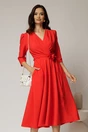 Rochie midi corai din stofa in clos cu floare in talie, 1, dyfashion.ro
