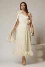 Rochie midi crem din voal satinat cu volanase la baza si flori in talie si pe umar, 1, dyfashion.ro