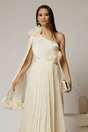 Rochie midi crem din voal satinat cu volanase la baza si flori in talie si pe umar, 3, dyfashion.ro