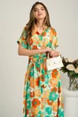 Rochie midi cu flori verde mint si orange din viscoza in clini cu nasturi si cordon in talie, 4, dyfashion.ro