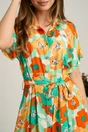 Rochie midi cu flori verde mint si orange din viscoza in clini cu nasturi si cordon in talie, 3, dyfashion.ro