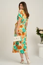 Rochie midi cu flori verde mint si orange din viscoza in clini cu nasturi si cordon in talie, 2, dyfashion.ro