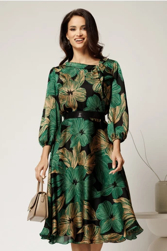 Rochie midi cu flori verzi si bej din voal in clos cu cordon in talie