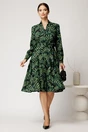 Rochie midi cu frunze verzi din viscoza cu nasturi pe bust si cordon in talie, 3, dyfashion.ro