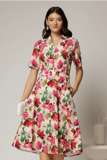 Rochie midi cu imprimeu floral in nuante de fucsia si bej