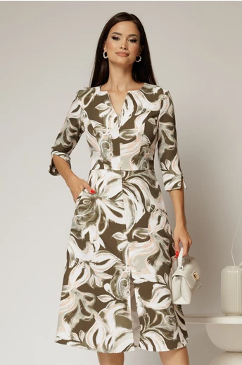 Rochie midi cu imprimeu floral in nuante de kaki si orange