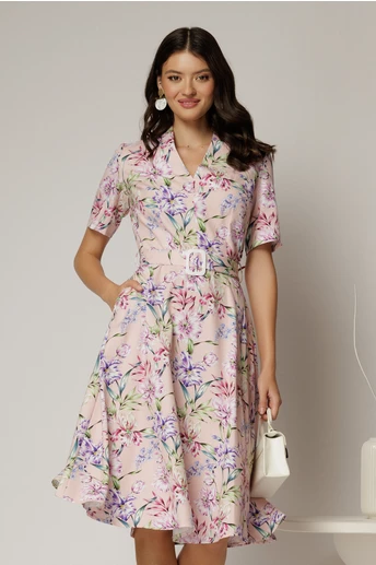 Rochie midi cu imprimeu floral in nuante de roz si lila