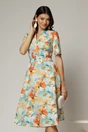 Rochie midi cu imprimeu floral in nuante de turcoaz si orange, 1, dyfashion.ro