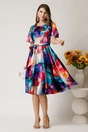 Rochie midi cu imprimeu multicolor din satin in clos cu cordon in talie, 3, dyfashion.ro