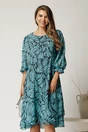 Rochie midi cu imprimeu turcoaz din voal cu croi in clini, 1, dyfashion.ro
