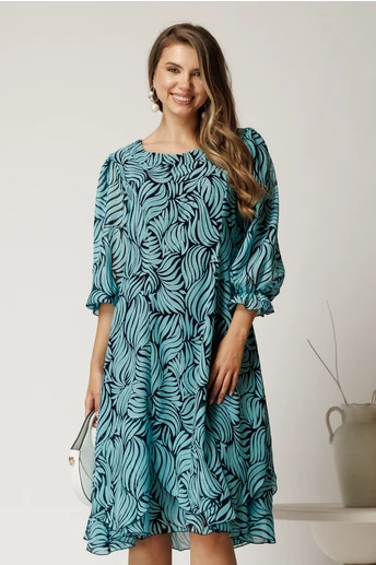 Rochie midi cu imprimeu turcoaz din voal cu croi in clini