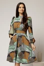 Rochie midi cu imprimeu verde maro si decupaj la decolteu, 1, dyfashion.ro