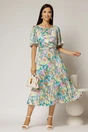 Rochie midi cu imprimeuri lila turcoaz din satin plisat si maneci scurte evazate, 3, dyfashion.ro