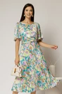 Rochie midi cu imprimeuri lila turcoaz din satin plisat si maneci scurte evazate, 1, dyfashion.ro