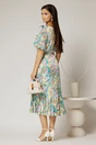 Rochie midi cu imprimeuri lila turcoaz din satin plisat si maneci scurte evazate, 2, dyfashion.ro