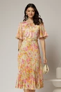 Rochie midi cu imprimeuri oranj din satin plisat si maneci scurte evazate, 1, dyfashion.ro