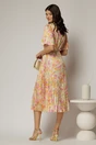 Rochie midi cu imprimeuri oranj din satin plisat si maneci scurte evazate, 2, dyfashion.ro