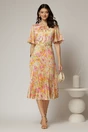 Rochie midi cu imprimeuri oranj din satin plisat si maneci scurte evazate, 3, dyfashion.ro