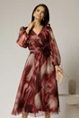 Rochie midi de ocazie bordo din voal cu imprimeuri bej, 1, dyfashion.ro