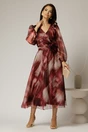 Rochie midi de ocazie bordo din voal cu imprimeuri bej, 3, dyfashion.ro