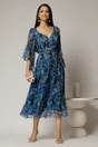 Rochie midi de ocazie cu imprimeuri albastre din matase naturala, 3, dyfashion.ro