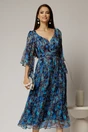 Rochie midi de ocazie cu imprimeuri albastre din matase naturala, 1, dyfashion.ro