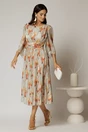 Rochie midi de ocazie cu imprimeuri caramizii din voal peliculizat cu perle pe talie, 3, dyfashion.ro