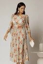 Rochie midi de ocazie cu imprimeuri caramizii din voal peliculizat cu perle pe talie, 1, dyfashion.ro