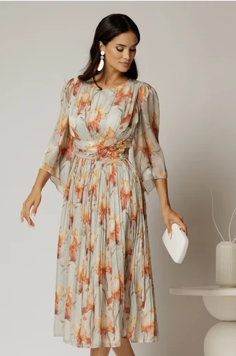 Rochie midi de ocazie cu imprimeuri caramizii din voal peliculizat cu perle pe talie
