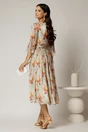 Rochie midi de ocazie cu imprimeuri caramizii din voal peliculizat cu perle pe talie, 2, dyfashion.ro