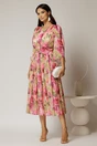 Rochie midi de ocazie cu imprimeuri fucsia din voal peliculizat cu perle pe talie, 3, dyfashion.ro