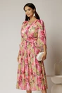 Rochie midi de ocazie cu imprimeuri fucsia din voal peliculizat cu perle pe talie, 1, dyfashion.ro