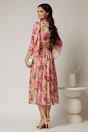 Rochie midi de ocazie cu imprimeuri fucsia din voal peliculizat cu perle pe talie, 2, dyfashion.ro