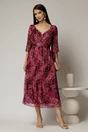 Rochie midi de ocazie cu imprimeuri magenta din matase naturala, 3, dyfashion.ro