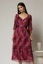 Rochie midi de ocazie cu imprimeuri magenta din matase naturala, 1, dyfashion.ro