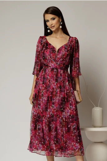 Rochie midi de ocazie cu imprimeuri magenta din matase naturala