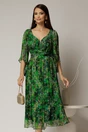 Rochie midi de ocazie cu imprimeuri verzi din matase naturala, 1, dyfashion.ro