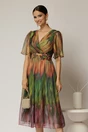 Rochie midi de ocazie din voal cu imprimeuri oranj, 1, dyfashion.ro