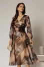 Rochie midi de ocazie maro din voal cu imprimeuri bej, 1, dyfashion.ro