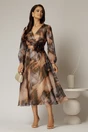Rochie midi de ocazie maro din voal cu imprimeuri bej, 3, dyfashion.ro
