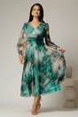 Rochie midi de ocazie verde turcoaz din voal cu imprimeuri bej, 1, dyfashion.ro