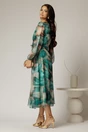 Rochie midi de ocazie verde turcoaz din voal cu imprimeuri bej, 2, dyfashion.ro