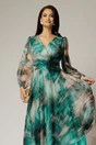 Rochie midi de ocazie verde turcoaz din voal cu imprimeuri bej, 3, dyfashion.ro