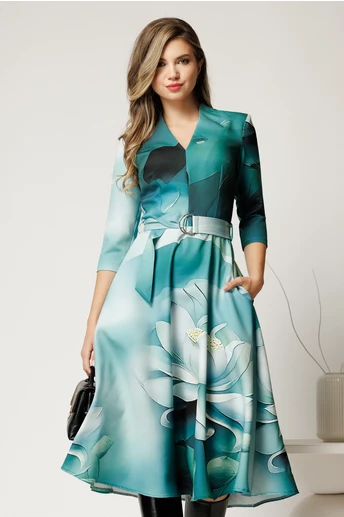 Rochie midi de zi cu imprimeu in nuante de turcoaz