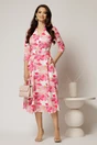 Rochie midi de zi ivoar cu imprimeuri fucsia cu buzunare, 3, dyfashion.ro