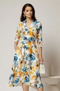 Rochie midi de zi ivoar cu imprimeuri galbene si albastre cu buzunare, 1, dyfashion.ro