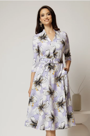 Rochie midi de zi lila cu imprimeuri ivoar cu buzunare