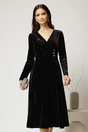 Rochie midi din catifea neagra cu bustul petrecut si nasturi eleganti, 1, dyfashion.ro