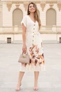 Rochie midi din in alba cu imprimeuri florale maro la baza si cordon in talie, 3, dyfashion.ro